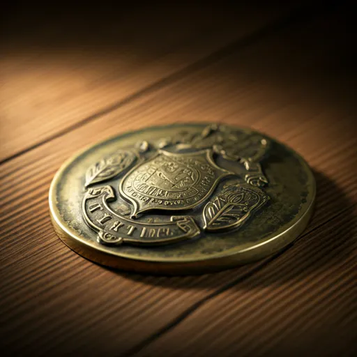 Historische Insignien und poliertes Messing auf Holzoberfläche.