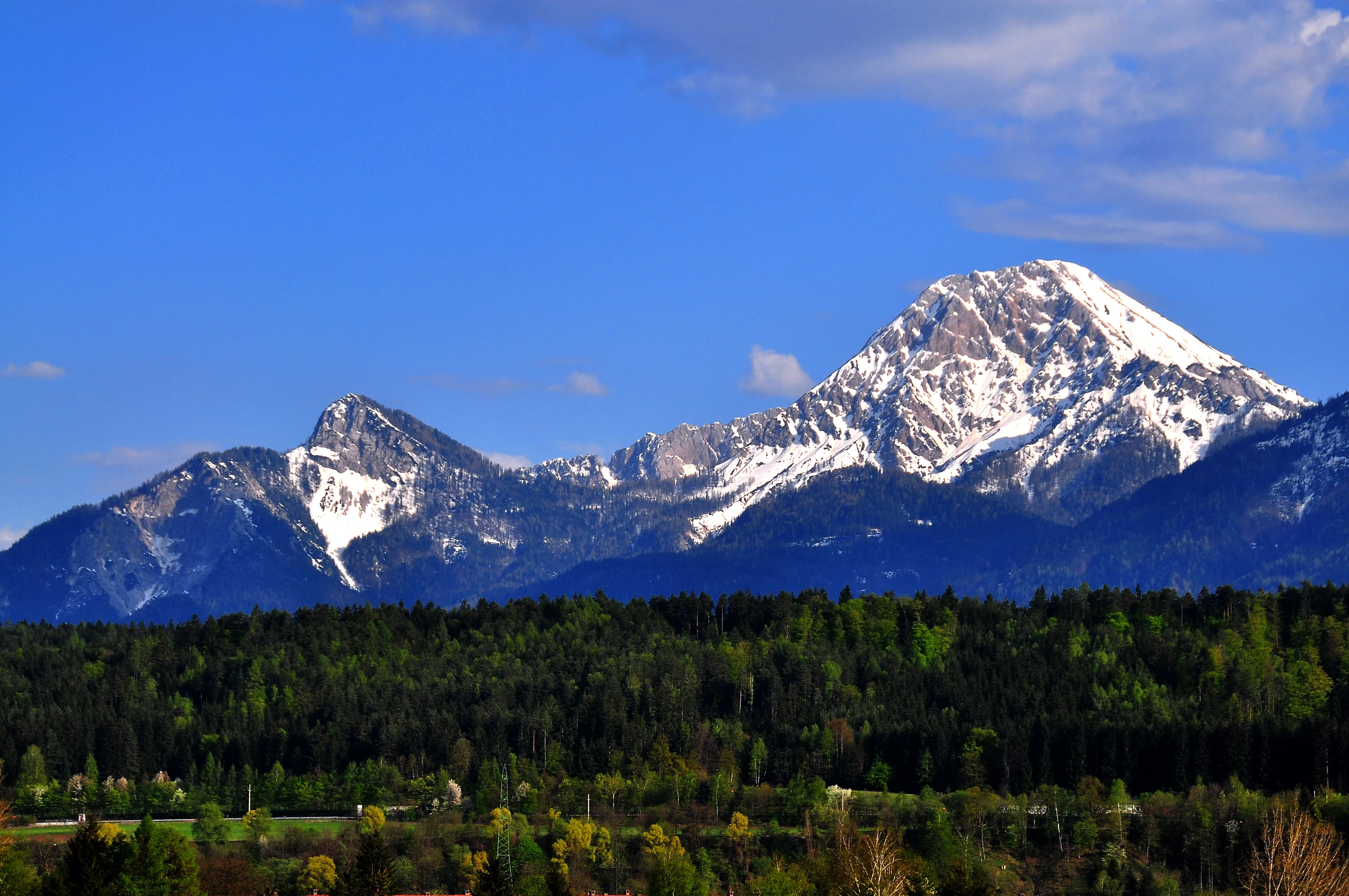 Dramatische Alpenlandschaft mit schneebedeckten Gipfeln und dunklem Wald.